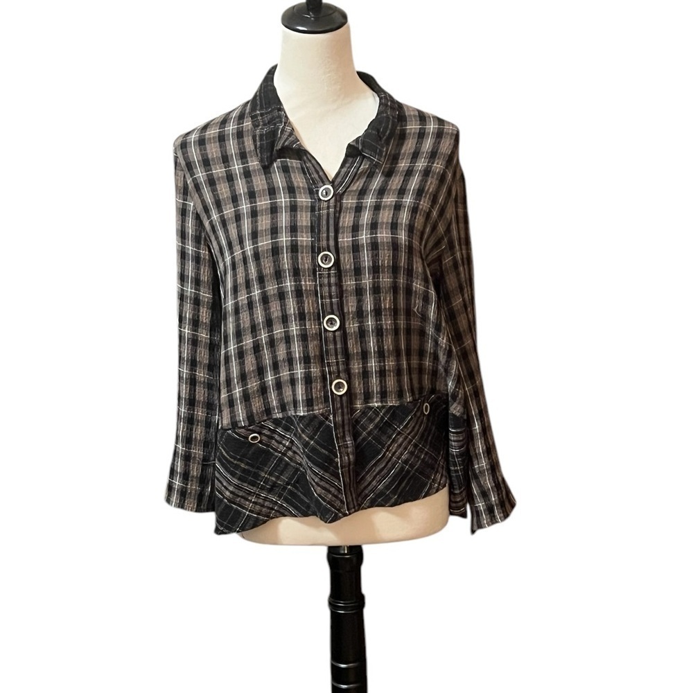Habitat Women Autumn Plaid Mix Ruched Sleeve Jacket Sz S Brown Button Up P2P 22